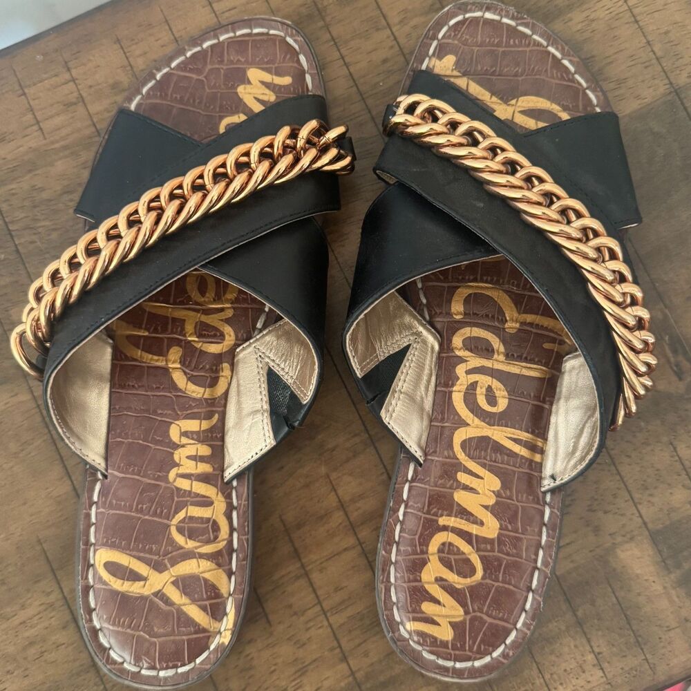 Sam Edelman Black Gold Chain Slide Sandals Luxe Resort Glam Size 6